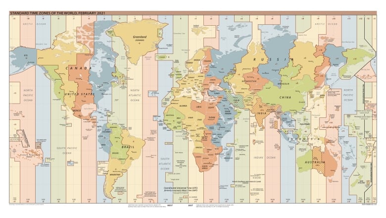 Map of the world indicating each time zone in a different colour.
