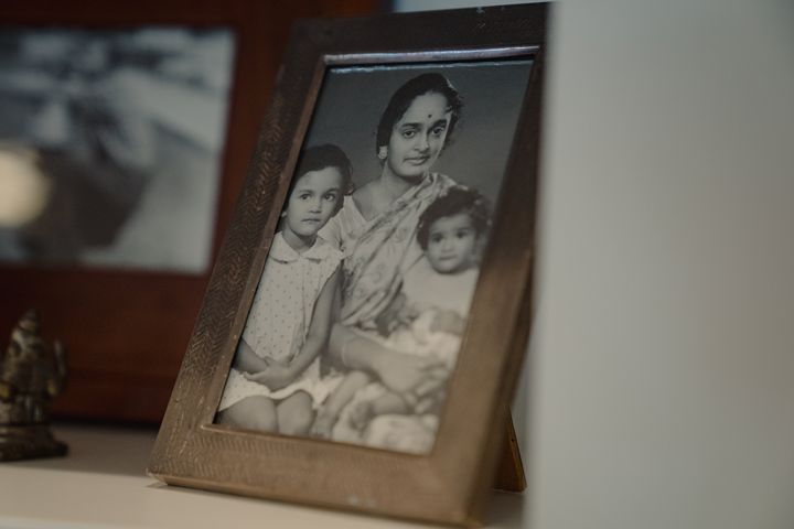 A photo of Rep. Pramila Jayapal (D-Wash.) as a child with her mother and sister, Susheela Jayapal, on display at the Congressional Progressive Caucus chair's home in Seattle. Susheela Jayapal announced that she is running for Congress in 2024.