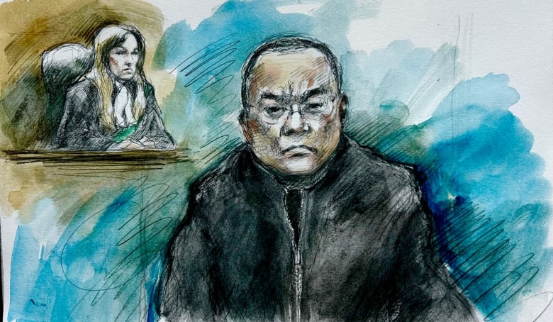 A sketch of a man in court looking straight ahead