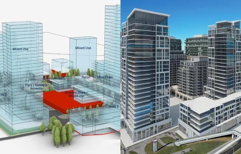 Two renderings of a proposed series of towers at 14th Street S.W. and 90th Avenue S.W. The developer's is theoretical and uses opaque blocks. Not so the other.