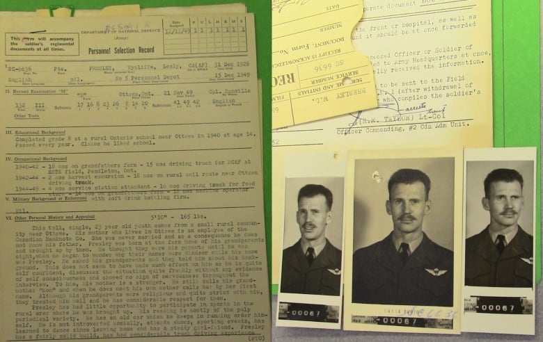 A page from a military personnel selection record on the left, and three photographs of a man in a military uniform on the right. 
