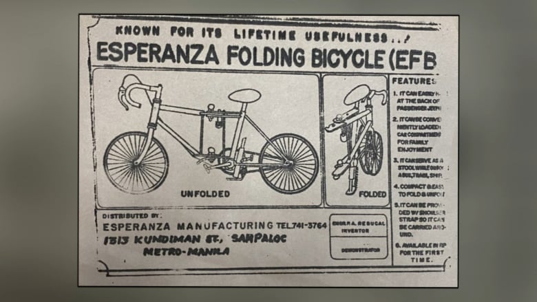 An old newspaper advertisement for 'Known for its lifetime usefulness Esperenza Folding Bicycle'. Underneath a diagram of a bicycle is the words 'A. Rebucal, Inventor'.
