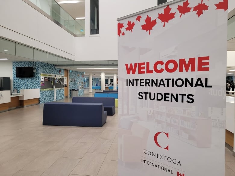 International students welcome sign in the Conestoga College, downtown Kitchener campus. 