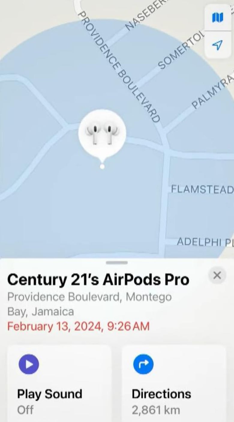 A screenshot of the iPhone map shows a tracked pair of airpods with a time and location stamp.