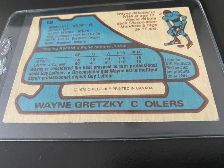 The back side of the 1979 O-Pee-Chee Wayne Gretzky rookie card. A Gretzky rookie card in poor shape is worth only a few hundred dollars, but one in mint condition recently sold for $3.75-million.
