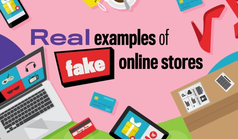 A hot pink graphic says "Real examples of fake online stores"