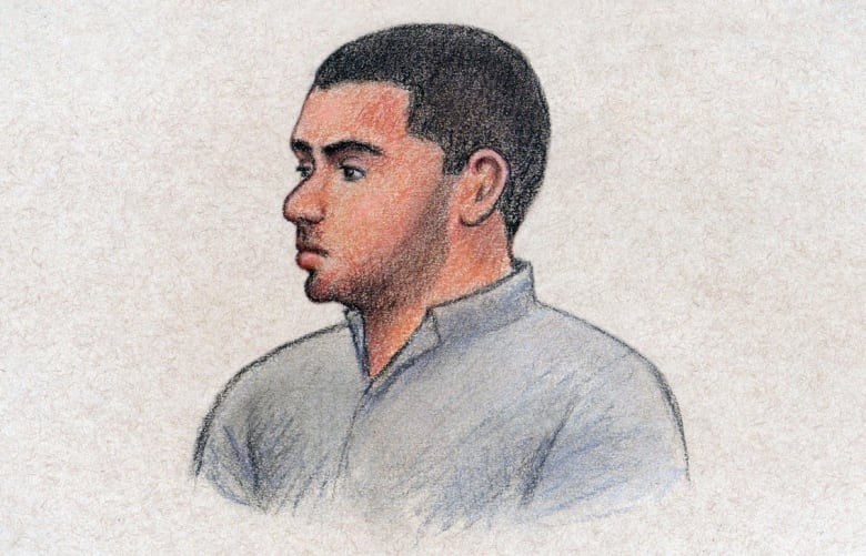 A court sketch of a man wearing a light blue shirt with buzzed hair.