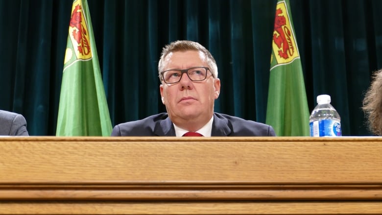Saskatchewan Premier Scott Moe looks towards the media during a press conference on Bill 137. 
