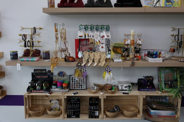 Shelves with products on them are shown.