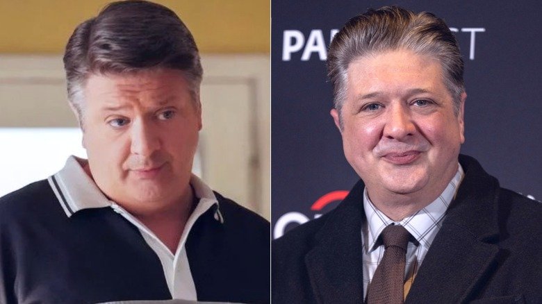 George Cooper Sr. in his kitchen in Young Sheldon and Lance Barber smiling for photographers in a suit and tie in 2024