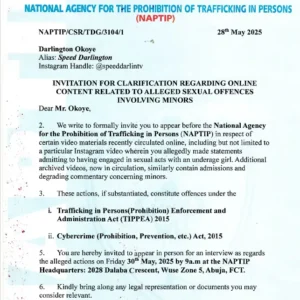 NAPTIP summons singer Speed Darlington over alleged sexual misconduct with minor