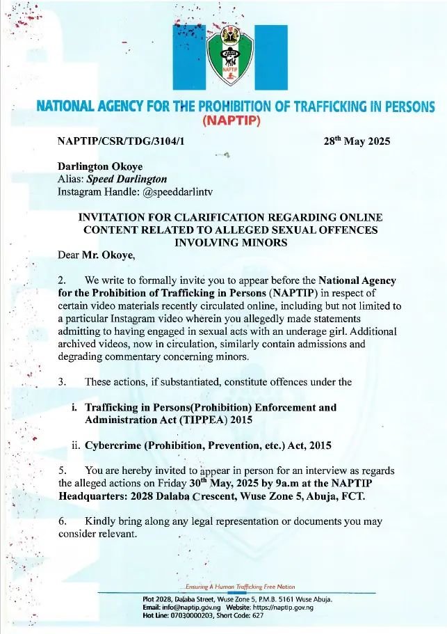 NAPTIP summons singer Speed Darlington over alleged sexual misconduct with minor