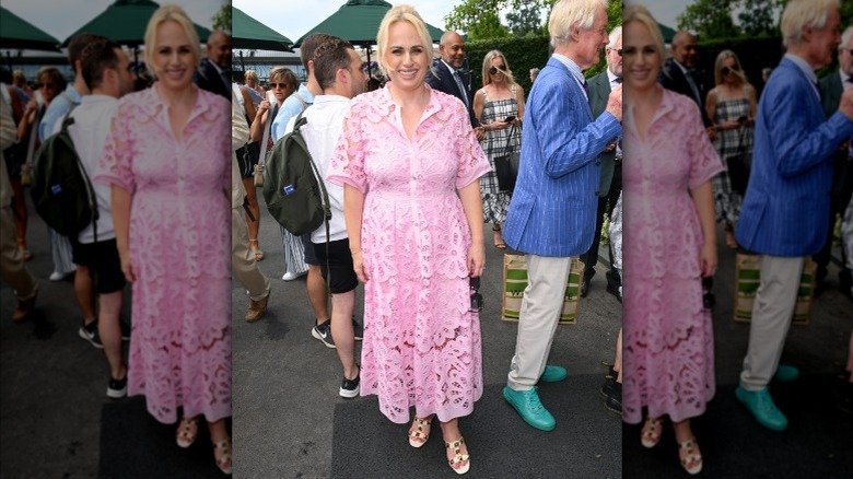Rebel Wilson wearing a pink lace dress at Wimbledon