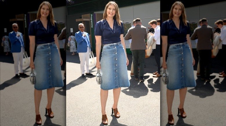 Maria Sharapova wearing a blue polo shirt and denim skirt at Wimbledon 2025