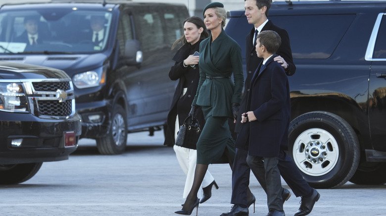 Ivanka Trump arriving at Donald Trump's inauguration with her husband and son.