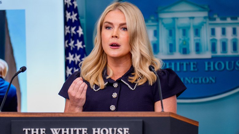 Karoline Leavitt speaking in a White House press briefing.