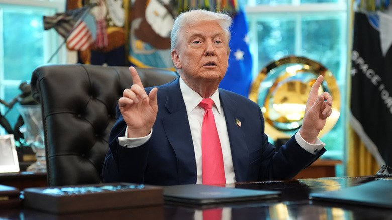 Trump’s Hair Drama: From Ashy Gray to Bleached Blond Again 3 Donald Trump speaking to reporters at the Oval Office.