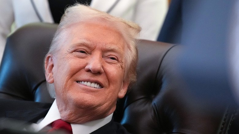 Donald Trump smiling in the Oval Office.