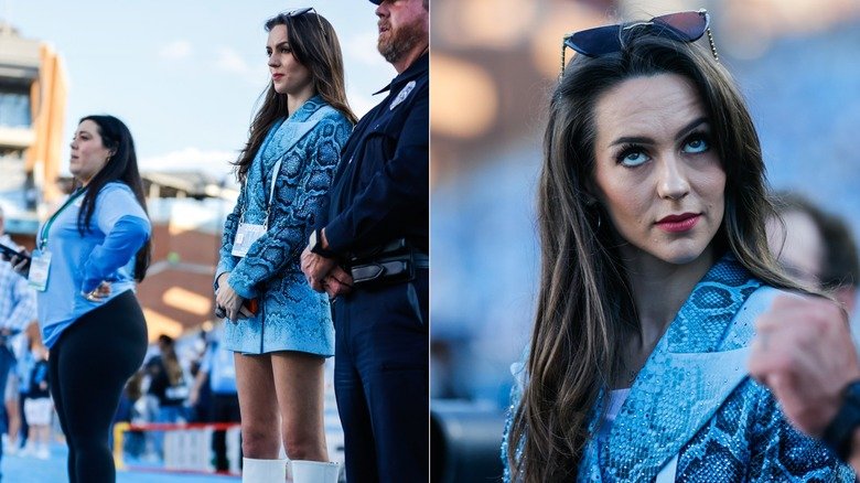 When Two Worlds Walk the Red Carpet — Bill Belichick and Jordon Hudson’s Unmistakable Contrast 132 Jordon Hudson wearing a blue snakeskin-print blazer at a Tar Heels game