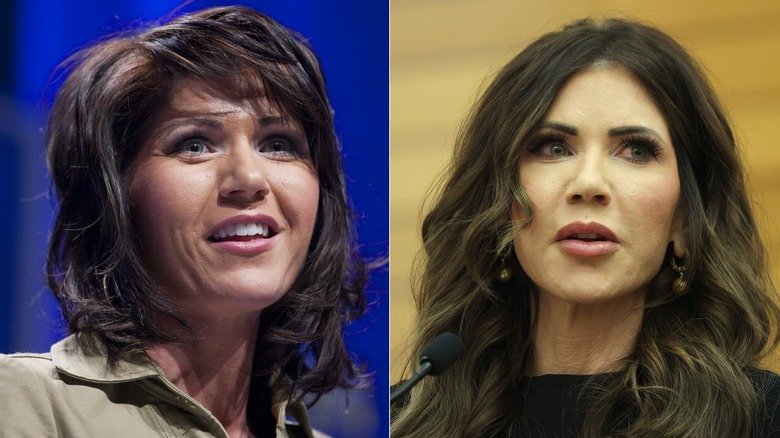 Political Figures Transformed by Mar-A-Lago Makeovers 4 Split photo of Kristi Noem in 2011 versus in 2026