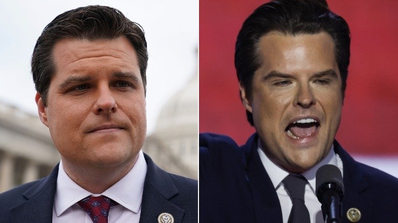 Political Figures Transformed by Mar-A-Lago Makeovers 5 Split photo of Matt Gaetz in 2017 versus speaking at the RNC in 2024
