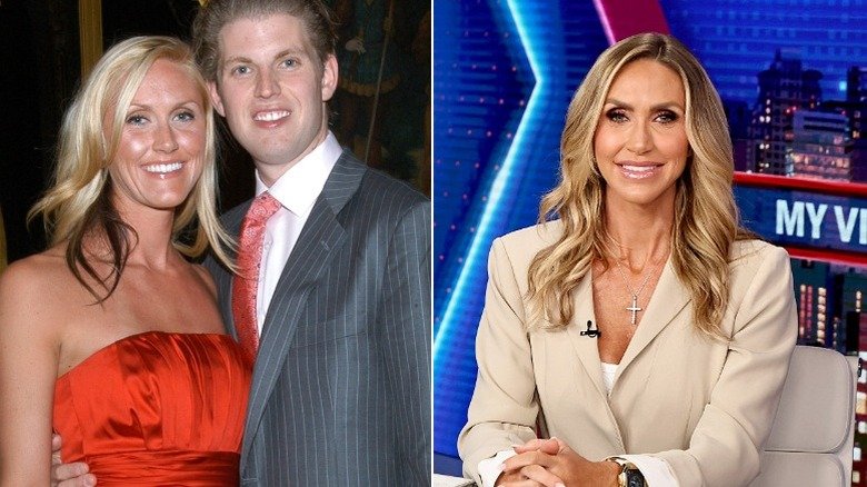 Political Figures Transformed by Mar-A-Lago Makeovers 6 Split photo of Lara and Eric Trump in 2008 versus Lara Trump on the Fox News set in 2025