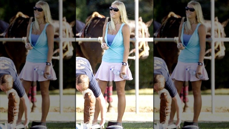 Chelsy Davy's Most Leggy, Non-Royal Looks 129 Chelsy Daly wearing a pink miniskirt and layered blue tops at a polo match