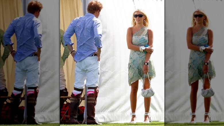 Chelsy Davy's Most Leggy, Non-Royal Looks 130 Chelsy Daily wearing a green minidress with a geometric pattern and speaking to Prince Harry at a polo match