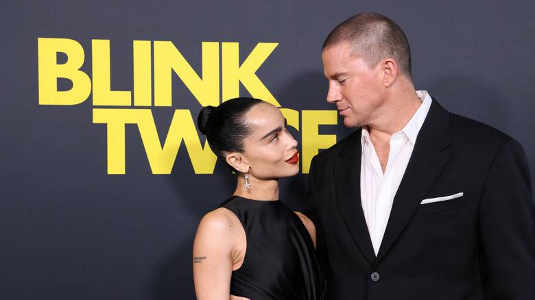 Zoë Kravitz and Channing Tatum gazing lovingly at each other while both wearing black