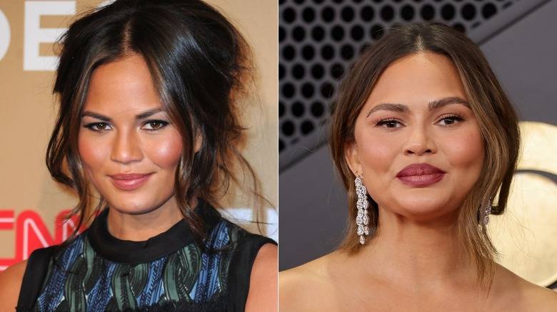 Supermodels With Jarring Plastic Surgery Transformations That Shocked Fans 144 A split image of Chrissy Teigen in the 2010s and the 2020s
