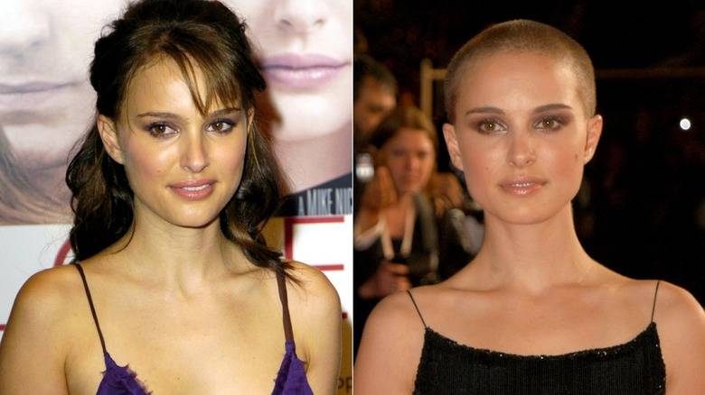 Natalie Portman with long brown hair on left, Portman with shaved head on right.