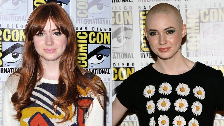 Karen Gillan with long red hair on left, Gillan with shaved head on right.