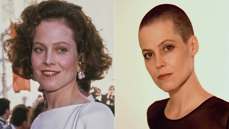 Sigourney Weaver with red curly hair on left, Weaver with shaved head on right.