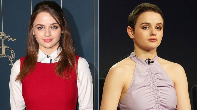 Joey King with long brown hair on left, King with short pixie cut on right.