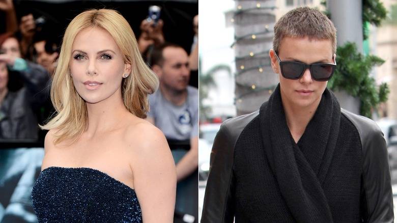 Charlize Theron with long blond hair on left, Theron with short pixie cut on right.