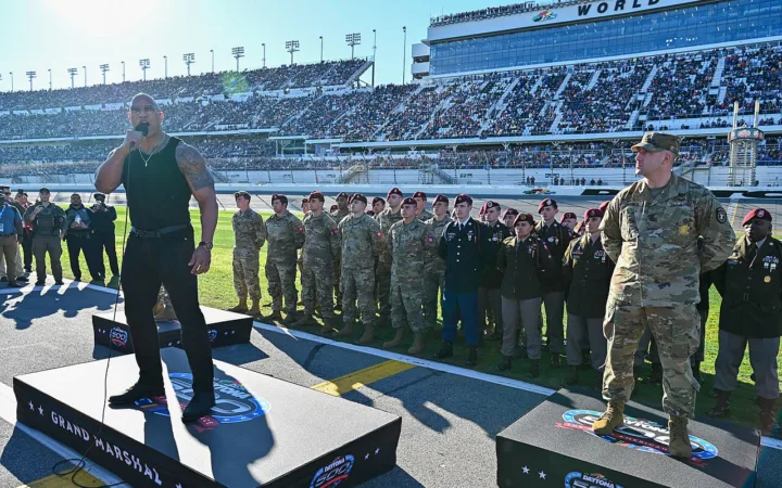 Dwayne Johnson speaking at the 2024 Daytona 500