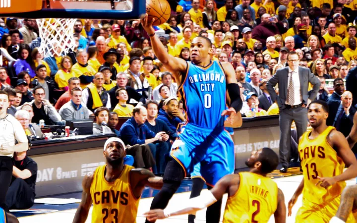 Russell Westbrook shooting against Cleveland during his Oklahoma City Thunder career