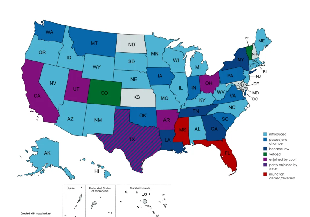 Map showing social media age verification laws in 2025