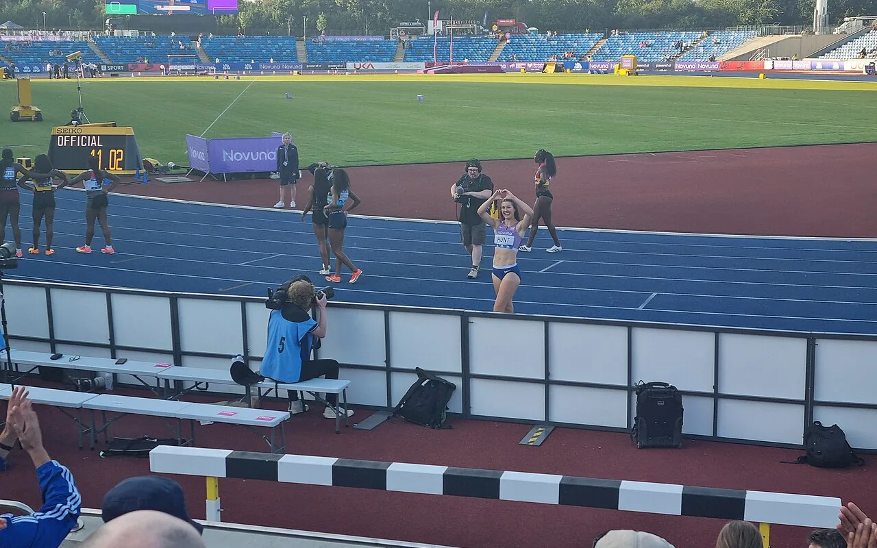 British sprinter Amy Hunt after finishing at the 2025 UK Athletics Championships