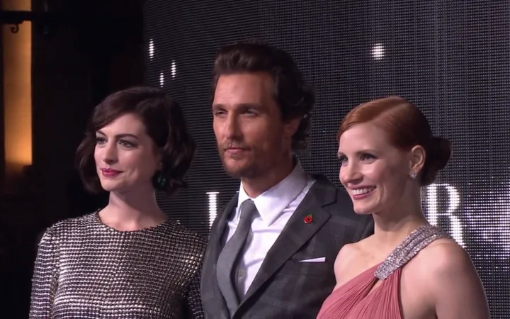 Anne Hathaway with Matthew McConaughey and Jessica Chastain at the Interstellar premiere