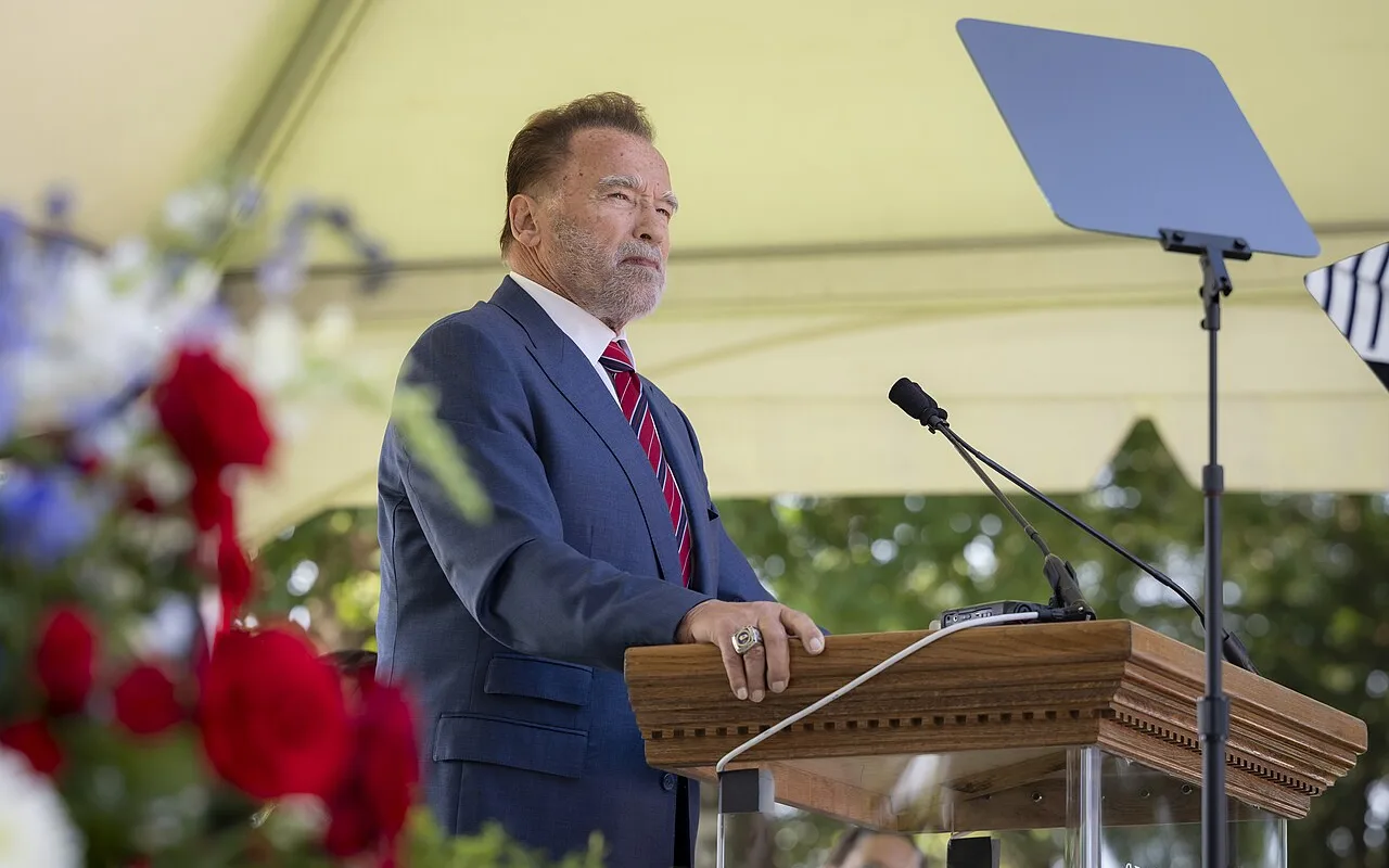 Arnold Schwarzenegger speaking at a naturalization ceremony at Mount Vernon in 2025