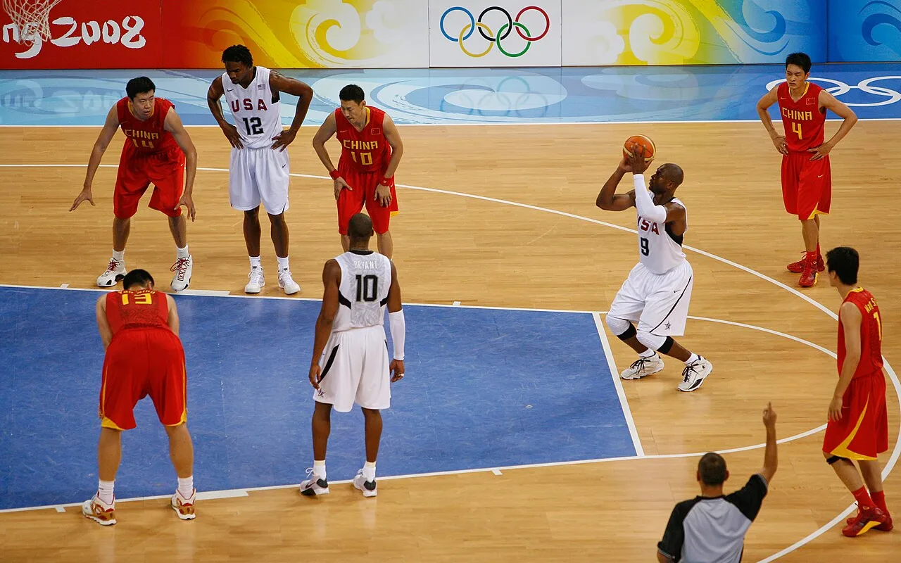 Dwyane Wade taking a free throw for the United States at the 2008 Beijing Olympics