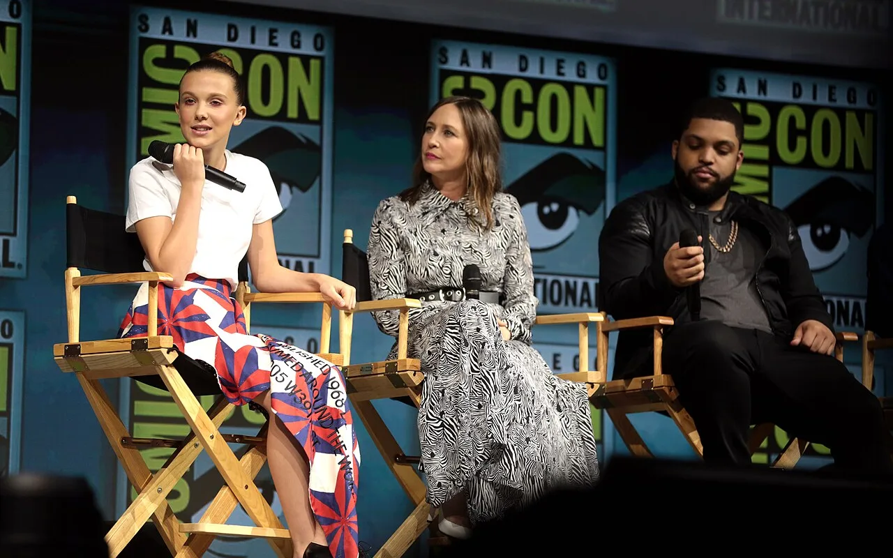 Millie Bobby Brown speaking at San Diego Comic-Con with Vera Farmiga and O’Shea Jackson Jr.