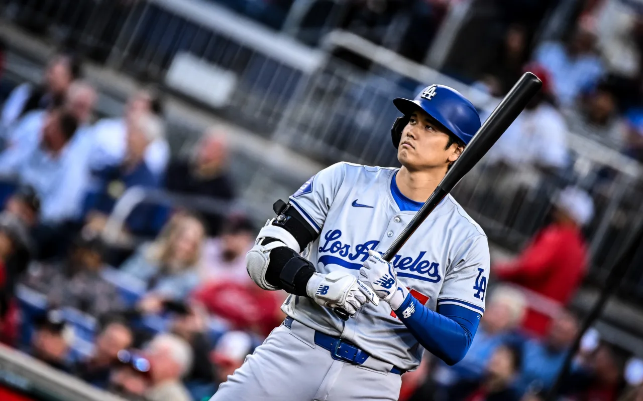 Shohei Ohtani at bat for the Los Angeles Dodgers during a game in Washington