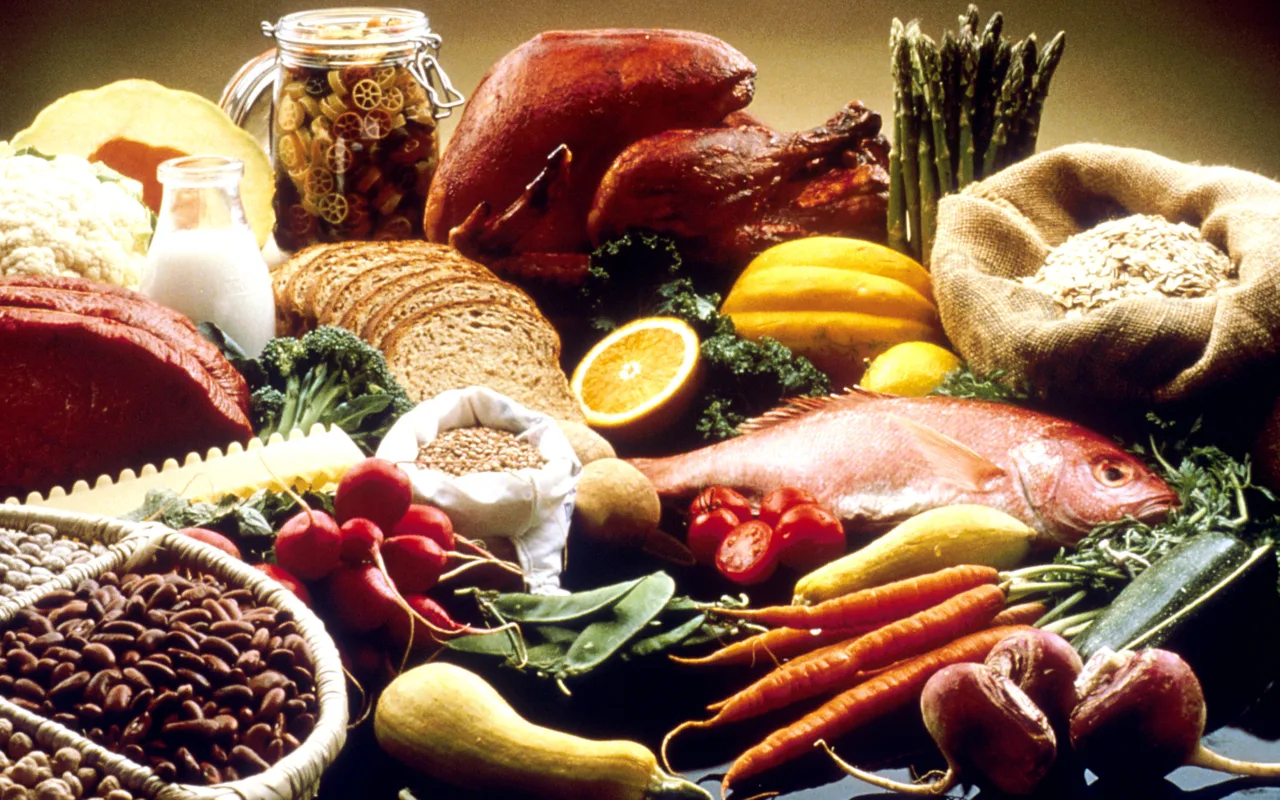 A display of vegetables, fruit, whole grains, protein foods and other nutritious foods