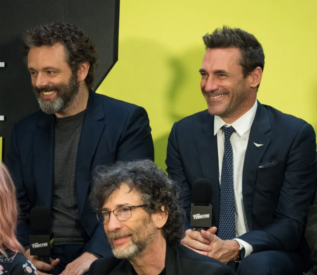 Jon Hamm with Michael Sheen and Neil Gaiman at New York Comic Con in 2018