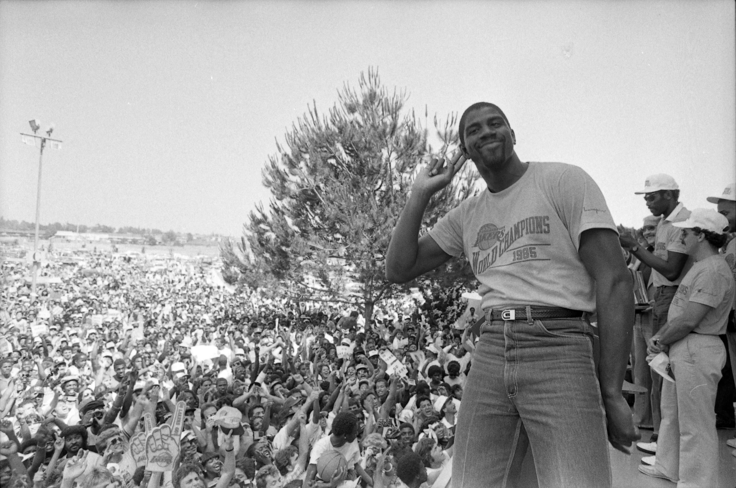 Magic Johnson at a Los Angeles Lakers championship rally in 1985