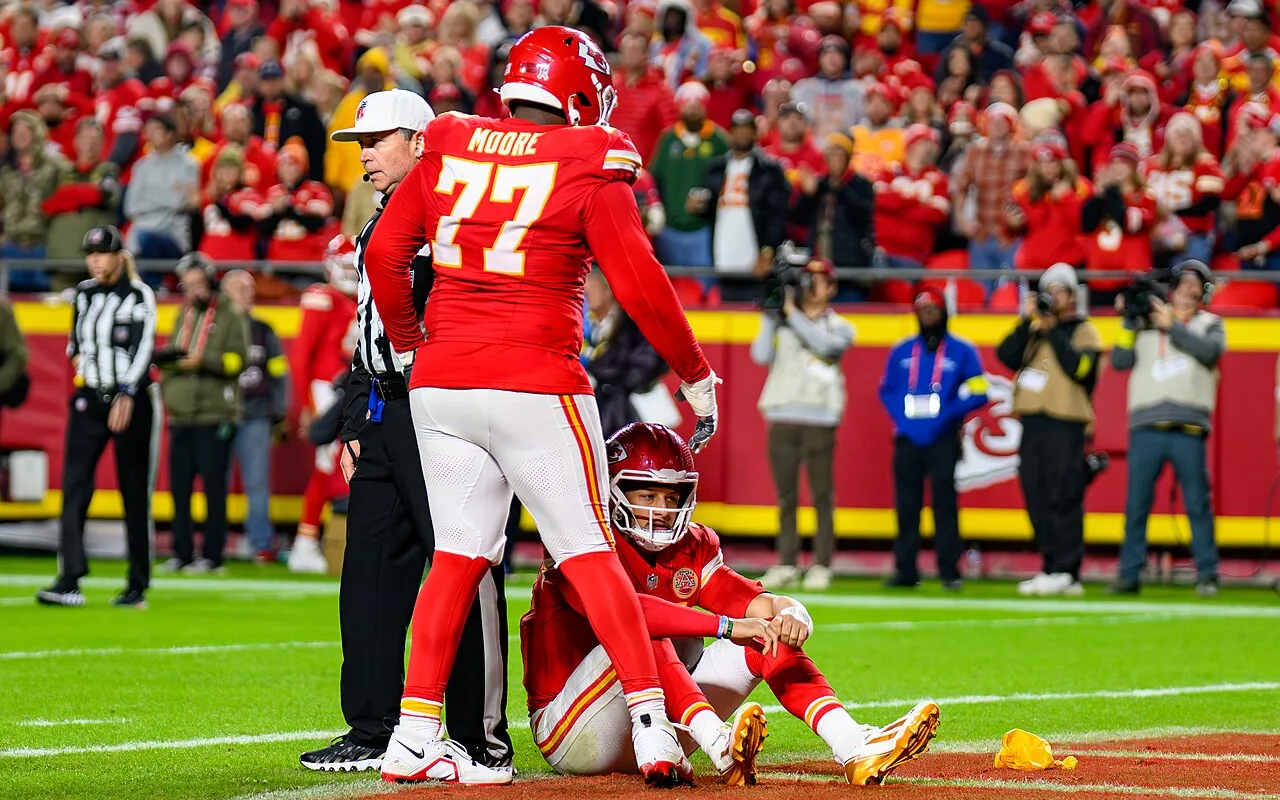 Patrick Mahomes on the field at Arrowhead Stadium during a 2025 Kansas City Chiefs game