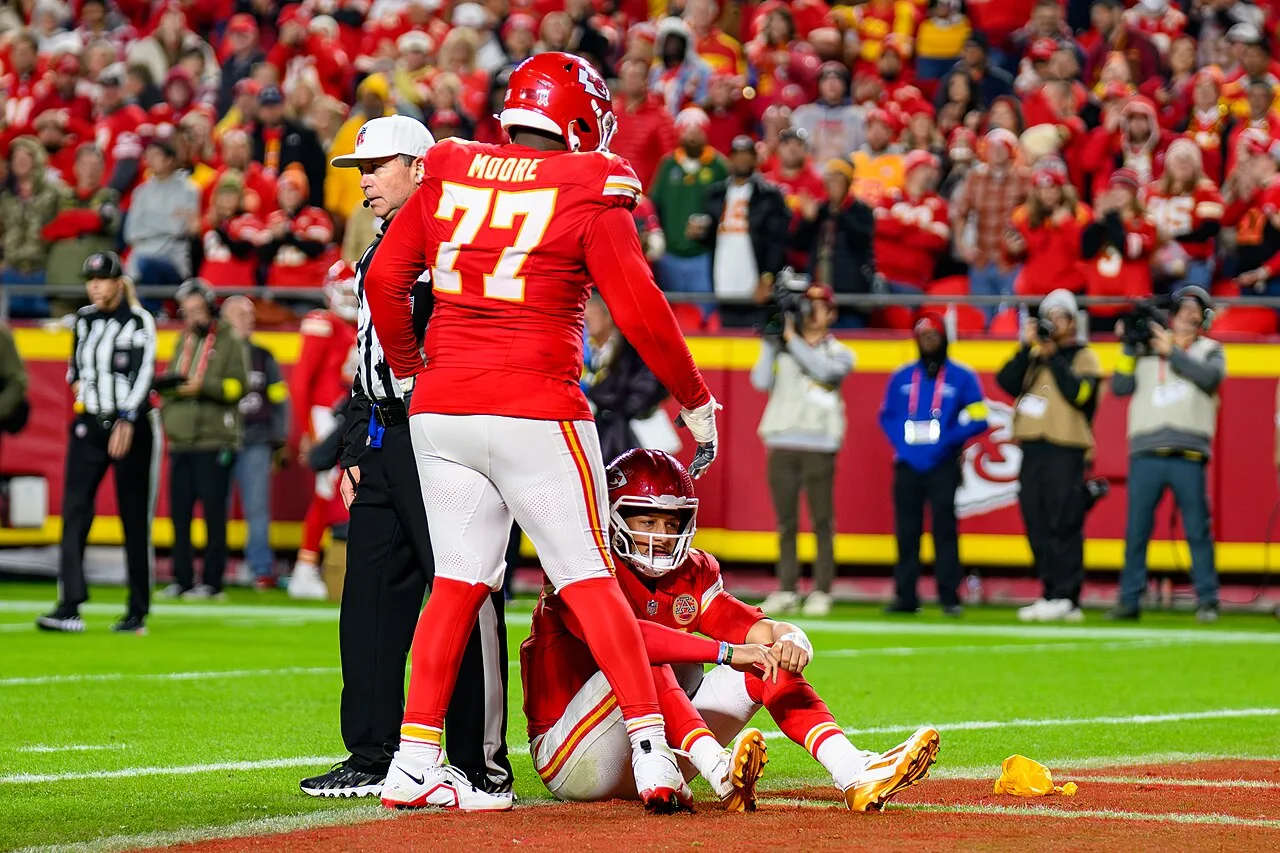 Patrick Mahomes on the field at Arrowhead Stadium during a 2025 Kansas City Chiefs game