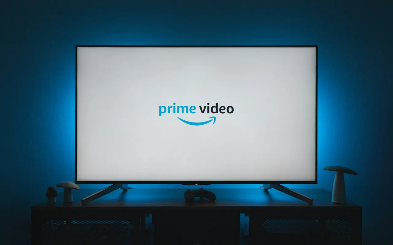 Prime Video logo displayed on a television screen in a home entertainment setup